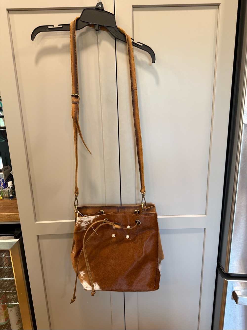 American Darling Brown Drawstring Leather/fur Shoulder Bag with Gold Hardware
